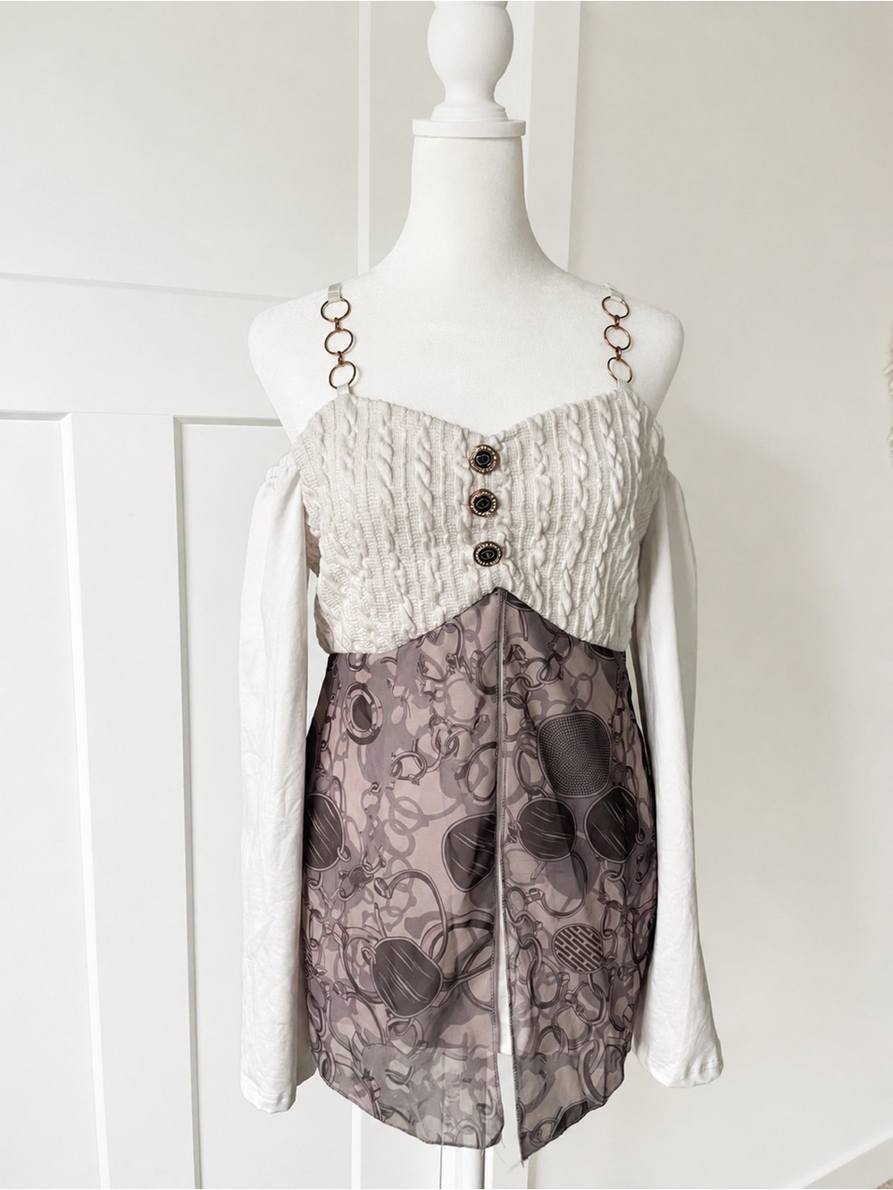 Y2K Mixed Media Cold Shoulder Tunic Top Sheer Overlay